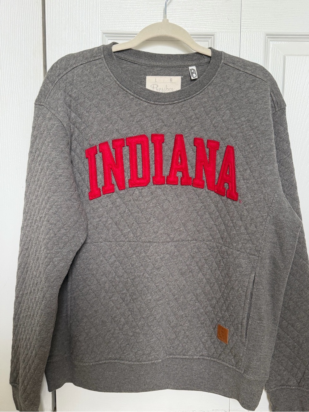 Pressbox Gray Quilted Crewneck Sweatshirt with Red Indiana Appliqué